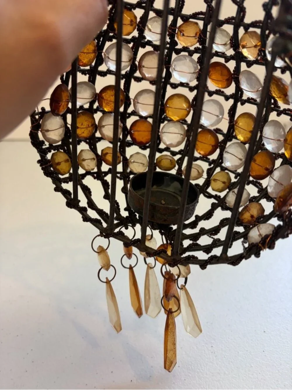 Vintage Boho Beaded Hanging Tea Light Candle Holder Amber Beads 90s Home Decor
